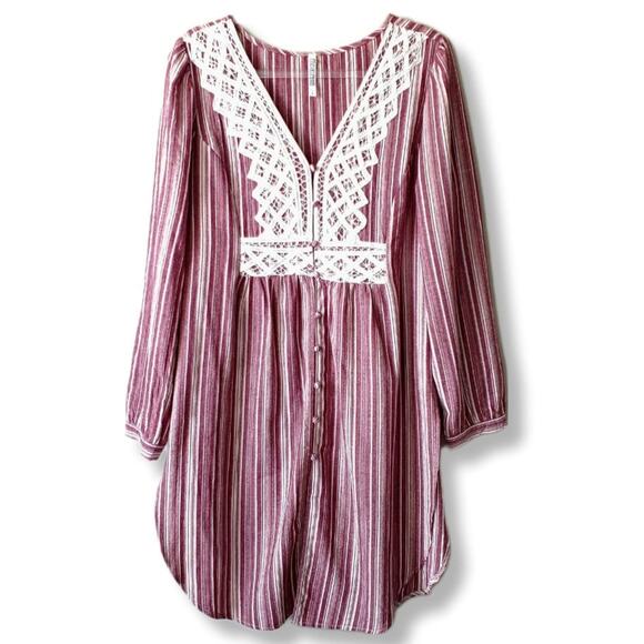 MonoReno Burgundy stripe Boho Dress Cover Up L Peasant Hippie Beach Jungalow - Picture 1 of 9